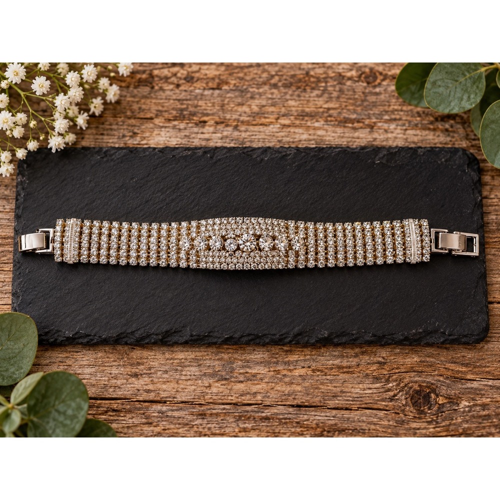 Blush For Her Rhinestone Tennis Bracelet Gold Tone Clear Crystal Wide Cuff 7.5in